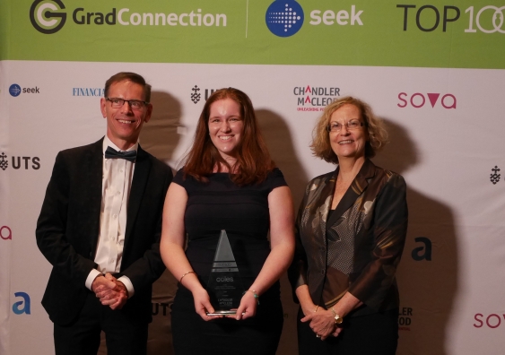 At the presentation event on Thursday: Mark Uncles, Deputy Dean, Education, UNSW Business School; UNSW Bachelor of Information Systems (Hons) student Jessica Lawson; and Associate Professor Leanne Piggott. Photo: GradConnection.