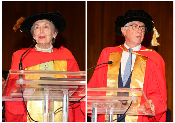 UNSW honorary doctorate recipients Joanna Capon and Richard Alcock offer advice to graduating students. Photo: UNSW Sydney