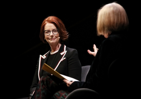Former Prime Minister Julia Gillard chats with Jenny Brockie at Sydney's Town Hall. Photo: Prudence Upton