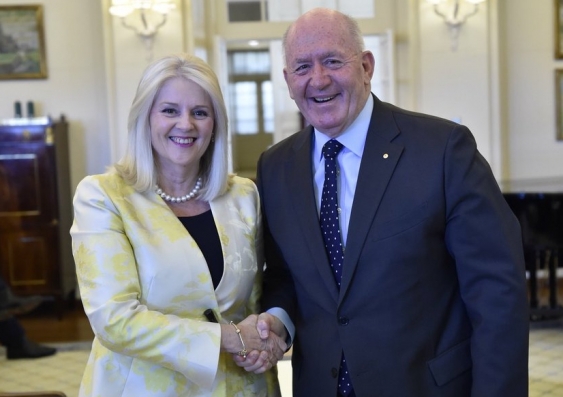 Karen Andrews is congratulated by Governor-General Peter Cosgrove after being sworn in at Government House as the Minister for Industry, Science and Technology. Source: Twitter @karenandrewsmp