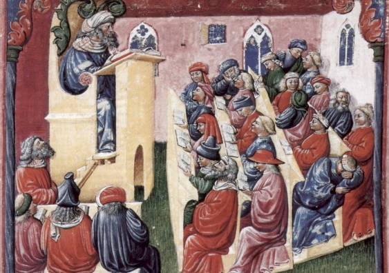 A lecture at the University of Bologna in Italy in the mid-fourteenth century. Image: wikimedia