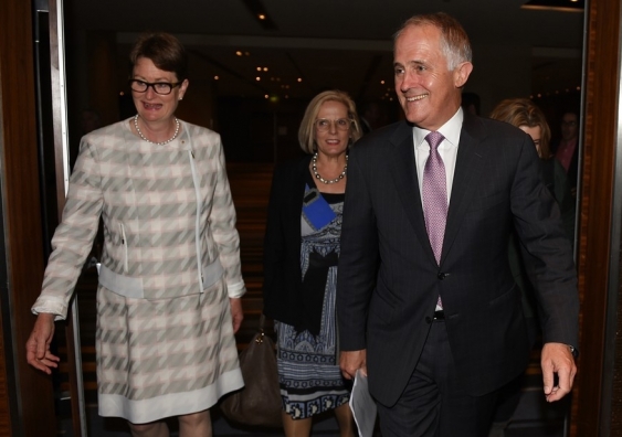 BCA President Catherine Livingstone greets Prime Minister Malcolm Turnbull. AAP/Dan Himbrechts (The Conversation)