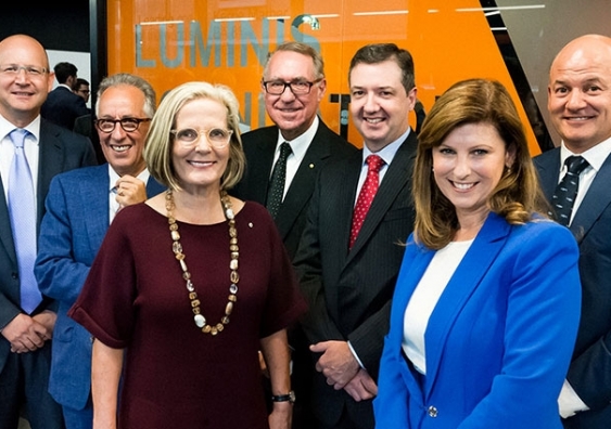 (L-R) Ron Malek, ​Simon Morda​nt, Lucy Hughes-Turnbull, David Gonski, Chris Styles, AGSM head Professor Julie Cogin and Peter Brownie in front of the Luminis Foundation room. Photo credit: Blue Murder Studios.