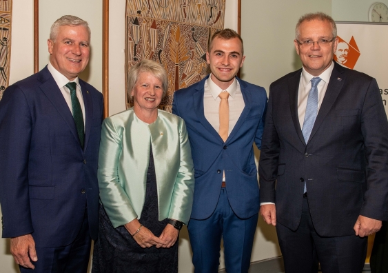 Deputy Prime Minister Michael McCormack, Judy Brewer (wife of the late Tim Fischer), Dr Matthew Lennon and The Hon Scott Morrison MP, Prime Minister of Australia at the inaugural 2020 Bob Hawke and Tim Fischer Monash Scholarship presentation.