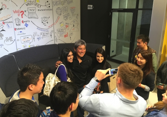 Disruptive innovation evangelist Guy Kawasaki poses for selfies with some of our keen students at the MCIC. Photo: David Sams