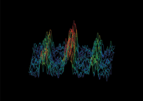 The frequency spectrum of an engineered molecule. The three peaks represent three different configurations of spins within the atomic nuclei, and the distance between the peaks depends on the exact distance between atoms forming the molecule. Photo: Dr Sam Hile