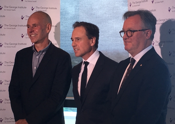 From left, Professor Bruce Neal, Minister for Health Greg Hunt and Professor Stephen MacMahon. Photo: Supplied
