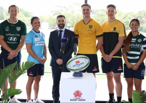 NSWRU CEO Andrew Hore (third from left) celebrates the involvement of local rugby clubs at the announcement of the soon-to-be-built Centre of Excellence at the David Phillips Sports Complex. Photo: Julius Dimataga