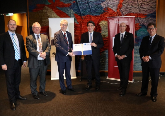 The Minister for Skills and Tertiary Education joins the Vice-Chancellors of the four NUW Alliance universities and NUW CEO at the signing ceremony on Monday. Photo: NUW Alliance.