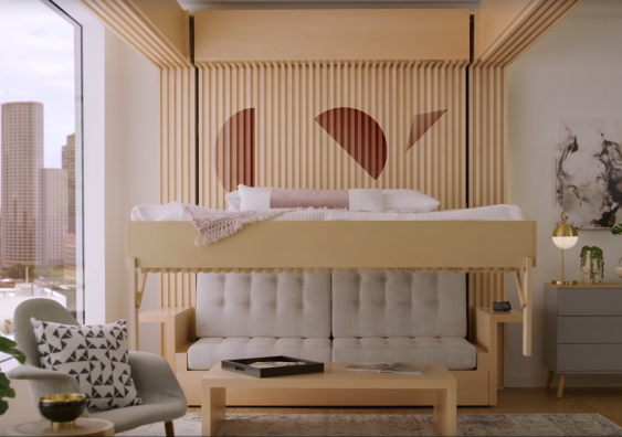 The Ori Cloud Bed is lifted and lowered from a ceiling recess to create space that doubles as bedroom and living room. Photo: Ori/YouTube