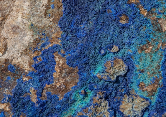 Stunning mosaic of oxidised copper in the form of azurite (blue) and malachite (green) in a rock. Photo: Dimitri Houtteman