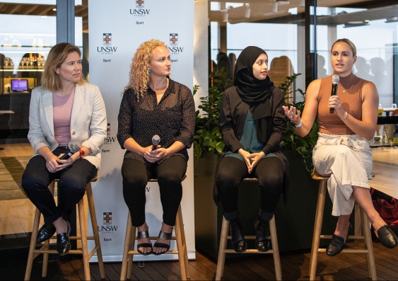 The panel of speakers at the launch of the Active Women Strategy included (left to right) Alex Blackwell, Hannah Davis, Takwa Tissaoui and Allie Loomis