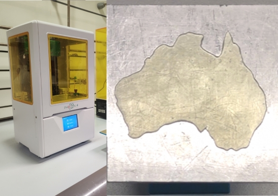 Researchers at UNSW Sydney used a standard 3D printer to produce an intricate map of Australia made of solid polymer electrolyte which was then tested as an energy storage device. Photos from Dr Nathaniel Corrigan
