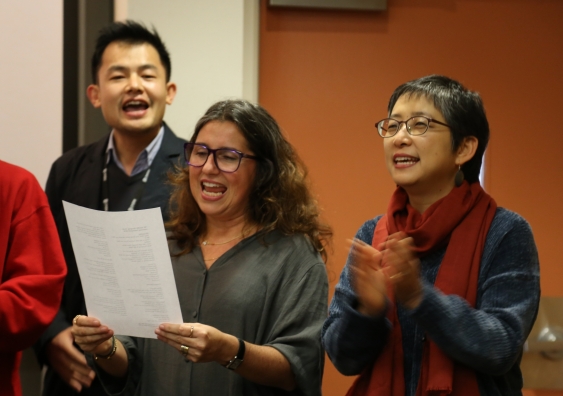 Practical language skills: Associate Professor Mira Kim (right) with students of the Personalised English Language Enhancement course.