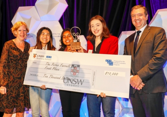 eXsight winners of the Peter Farrell Cup, Ni Feng, Saloni Goda, Emma Casolin, with Director for the Centre for Innovation and Entrepreneurship Karin Sanders and UNSW Business School Dean Chris Styles.