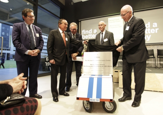 (L-R) Ian Jacobs, Michael Crouch, David Gonski, Fred Hilmer and David Hurley open the Michael Crouch Innovation Centre. Photo: Andy Baker