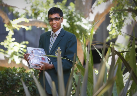 Sabiqul Hoque, a Year 9 student at Parramatta’s James Ruse Agricultural High in Sydney, with his automated sprinkler system.