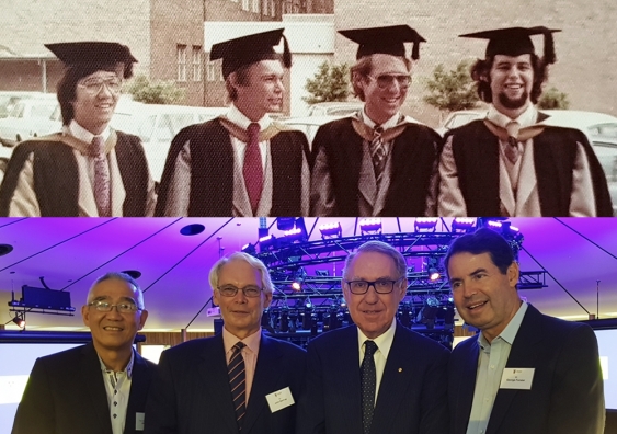 Then and now: David Wong, John Bartrop, David Gonski and George Forster (from left) in their days at UNSW, and at the UNSW Law 40th Year Alumni Reunion in March.