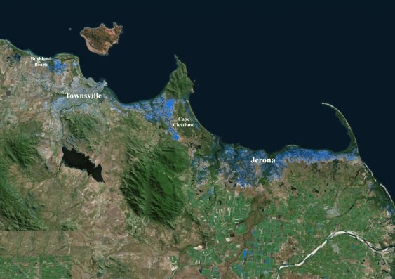 An image provided by the GEOS group that compares before and after satellite data of North Queensland to enable mapping of the flood waters, as indicated in blue. Picture: UNSW School of Civil & Environmental Engineering