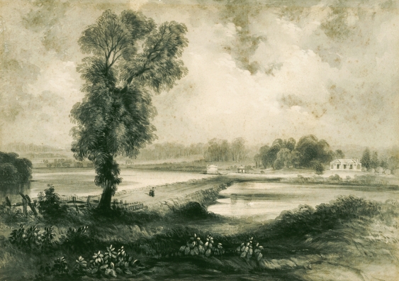 Samuel Elyard looked to classical times for his 1836 painting of Tempe House and the Cooks River. Photo: SLNSW