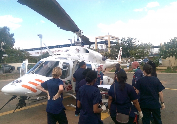 An emergency helicopter lands at Chris Hani Baragwanath Hospital. Photo: Scott Ashby