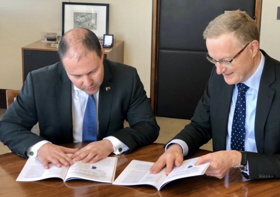 Treasurer Josh Frydenberg receives his first briefing from Reserve Bank Governor Philip Lowe.