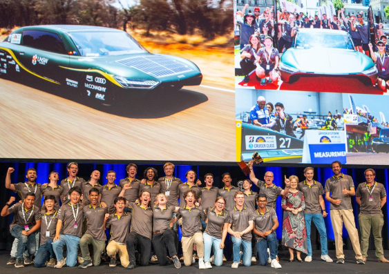 UNSW's Sunswift Racing student team celebrate with their trophy after winning the Cruiser Class event in the 2023 World Solar Challenge. Image from Sunswift Racing