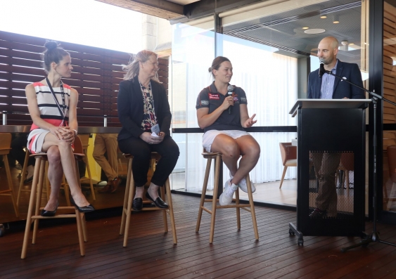 A panel of experts (L-R) Dr Helena Granziera, UNSW; Kim Hawgood, Kimberlin Education; Alyce Parker, GWS Giants discussed the impact the AFL Schools Strategy will have. Photo: UNSW Sport