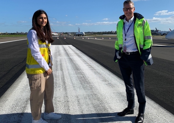 Next generation of aviation leaders: Manmeet Kaur, the recipient of the inaugural SYD100 scholarship, and Geoff Culbert, CEO of Sydney Airport.