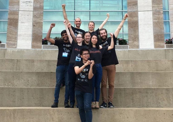 Team Tiny Trap and mentors celebrate after taking out the Grand Prize at Harvard University’s annual biomolecular design competition, BIOMOD. Photo: Lawrence Lee.