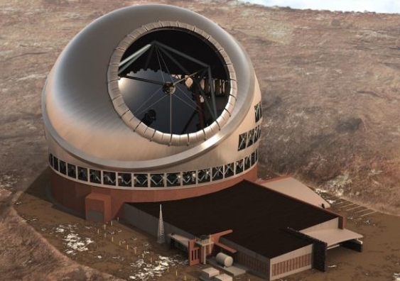 A visualisation of the planned thirty metre telescope atop Mauna Kea.TMT.