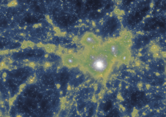 Distribution of dark matter density overlayed with the gas density. This image cleanly shows the gas channels connecting the central galaxy with its neighbours. Image: Gupta et al/ASTRO 3D.