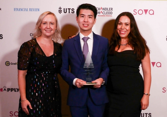 Courtney Wright, Director, Career Accelerator @ UNSW Business School with student Arthur Chao, winner of the 2020 Westpac Banking, Insurance & Financial Services Award, and Vicky Simao, UNSW Community Engagement Officer [from left].