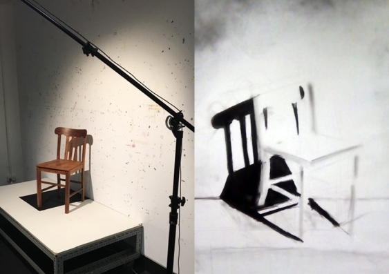 A chair in the drawing studio, left, and PhD student Irene Fernandez's drawing of the chair. Images: Paul Thomas, Irene Fernandez