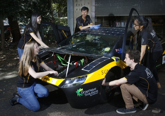 Members of UNSW’s Sunswift solar car team (from front) Courtney Morris, Cze Ying Goh, Keith Ly, Emmy Tran and Connor O’Shea. Photograph: Quentin Jones