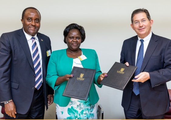 UNSW Sydney Vice-Chancellor and President Ian Jacobs, right, stands with Kenyan High Commissioner H.E. Mr Isaiya Kabira, and University of Eldoret Vice-Chancellor Professor Teresa Akenga, during an event at UNSW’s Kensington campus. Photo: Jacquie Manning