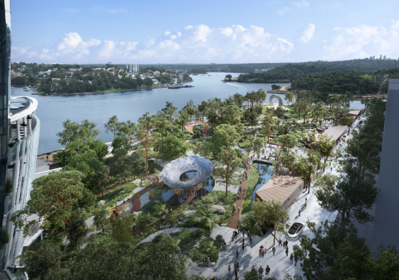 An aerial view of the proposed Harbour Park at Barangaroo. “Connection to Country is fostered by the seamless weaving together of landscape and art, which will become natural gathering places for decades to come,” says A/Prof. Fenner. Image supplied.