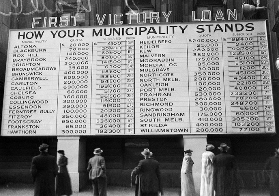 Tally boards publicising the contributions of different suburbs during the second world war. Photo: Australian War Memorial