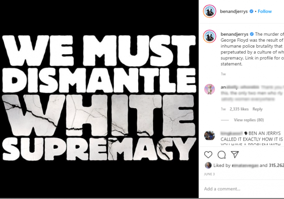 Screenshot of Ben and Jerry's social media post with text saying 'We Must Dismantle White Supremacy'
