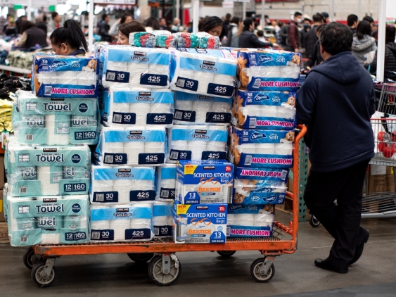 Costco shoppers panic buying toilet paper in San Francisco, California.