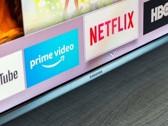 Samsung smart TV with video streaming apps: YouTube, Amazon Prime Video, Netflix and HBO.