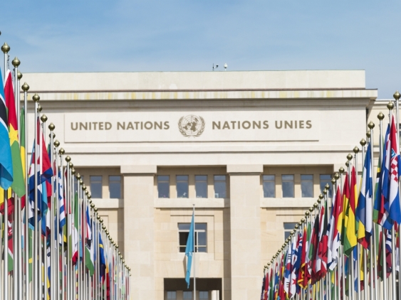 A photo of the United Nations building with flags infront of the main entrance.