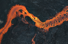 Aerial shot looking directly down on a river of lava, Iceland