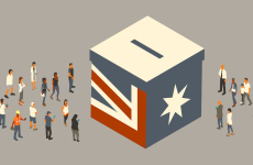 simple illustration of people near a giant voting box with the australian flag on it