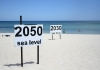 A beach with two signs denoting predicted sea levels in 2030 and sea levels in 2050