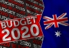An image of the Australian flag and a sign with 'Budget 2020' on the left.