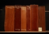 Six timber samples on a museum shelf, each with their common and scientific name written at the top.