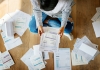 A person sitting on the floor surrounded by tax receipts