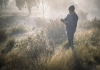 Man standing in misty Tarcutta Hills Reserve