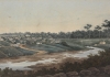 painting of small houses on a hill in parramatta around 1800